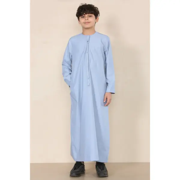 TT 001 Boys Blue Thobe Emirati Islamic Clothing String Tassel 3