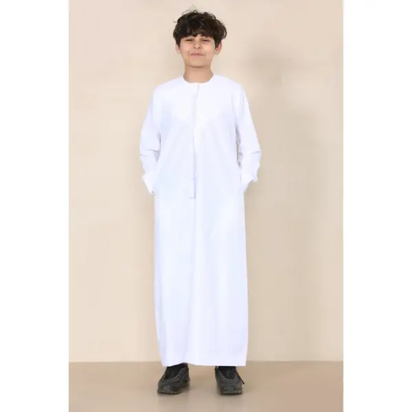 TT 001 Boys White Thobe Emirati Islamic Clothing String Tassel 2