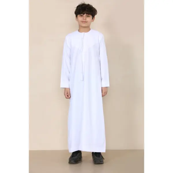 TT 001 Boys White Thobe Emirati Islamic Clothing String Tassel 3