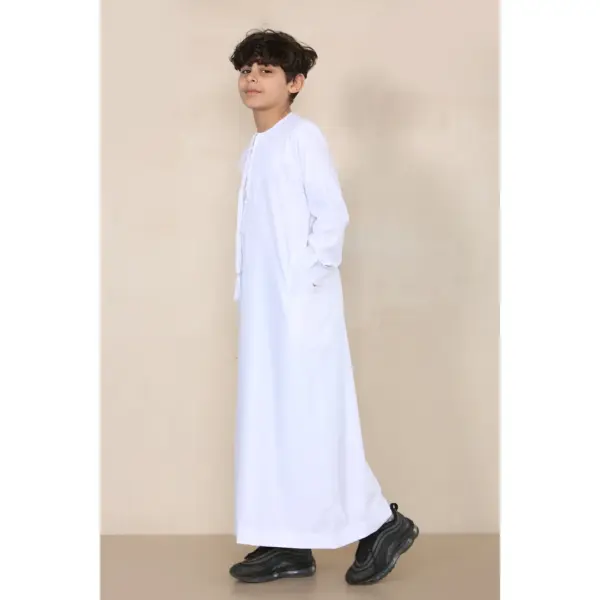 TT 001 Boys White Thobe Emirati Islamic Clothing String Tassel 4