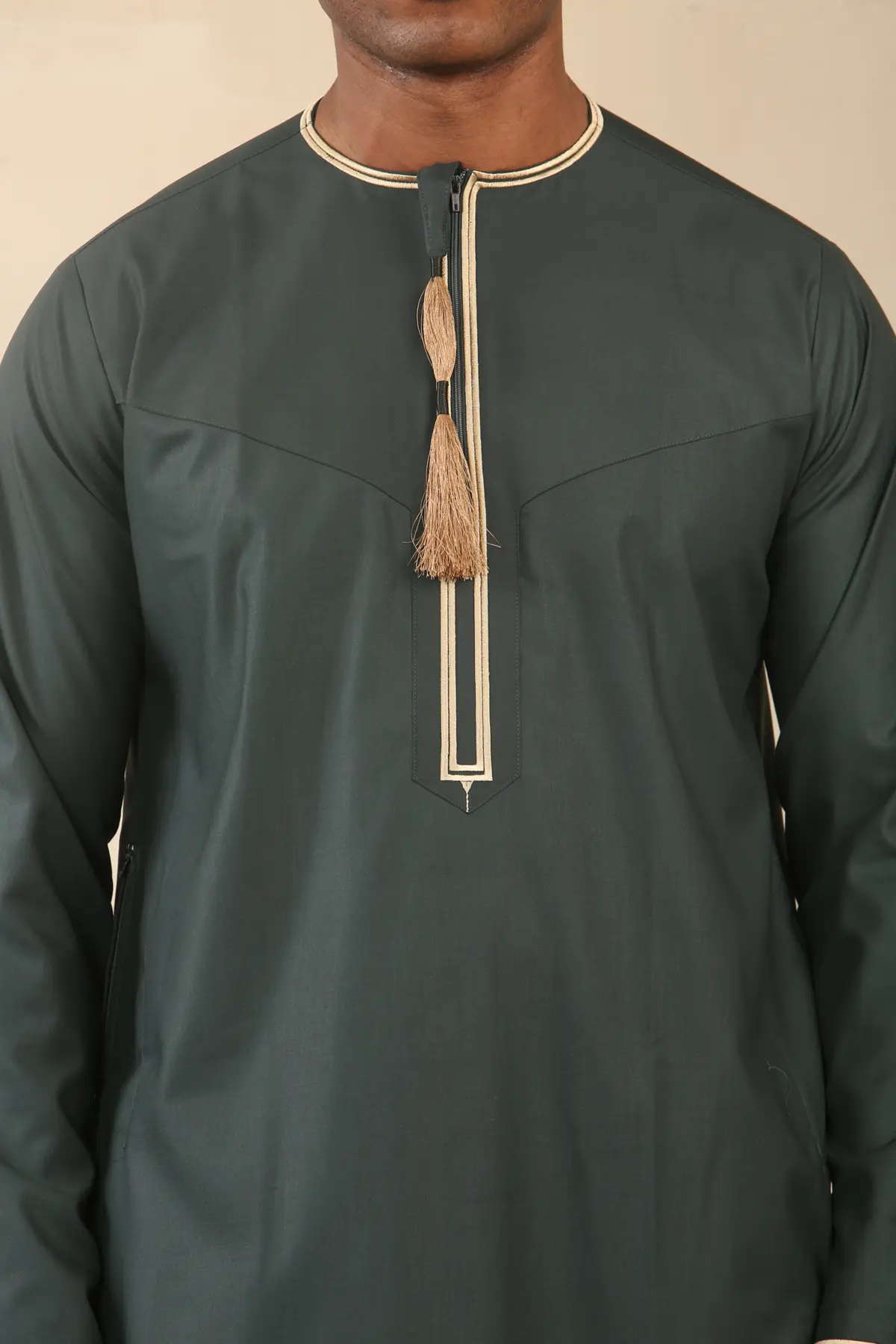 TT-003 - Men's Green Emirati Thobe Gold Tassel Embroidery - Image 4