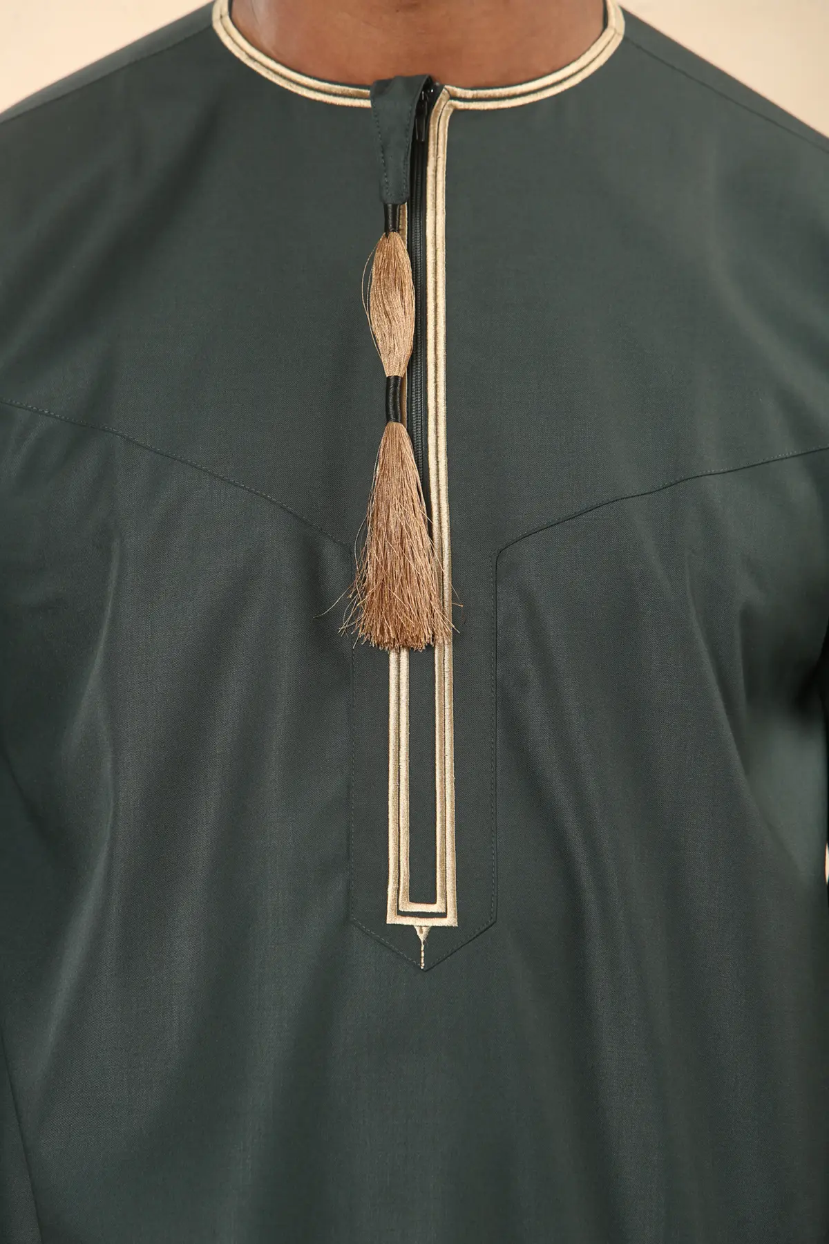 TT-003 - Men's Green Emirati Thobe Gold Tassel Embroidery - Image 9