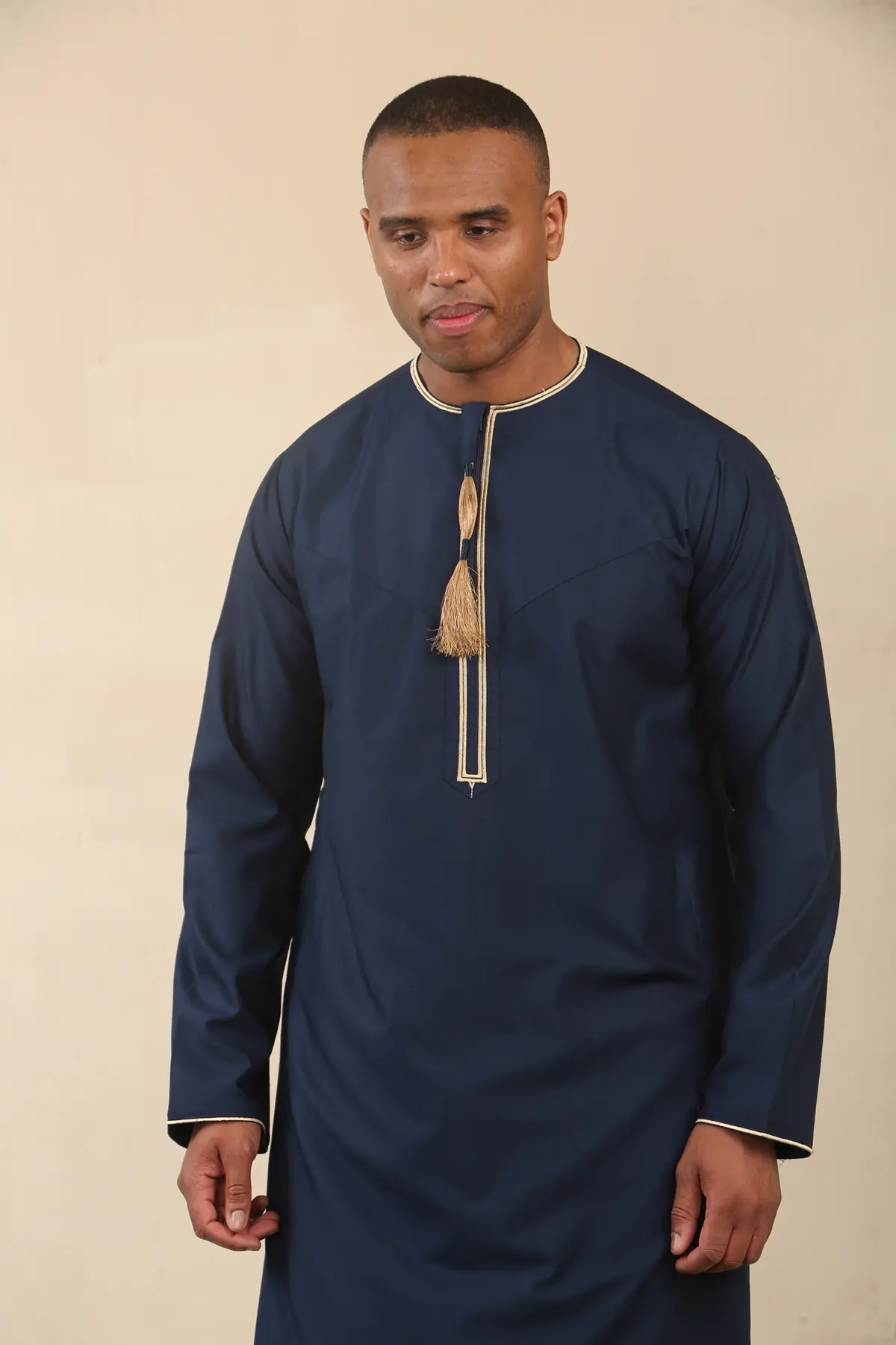 TT-003 - Men's Navy Emirati Thobe Gold Tassel Embroidery - Image 4