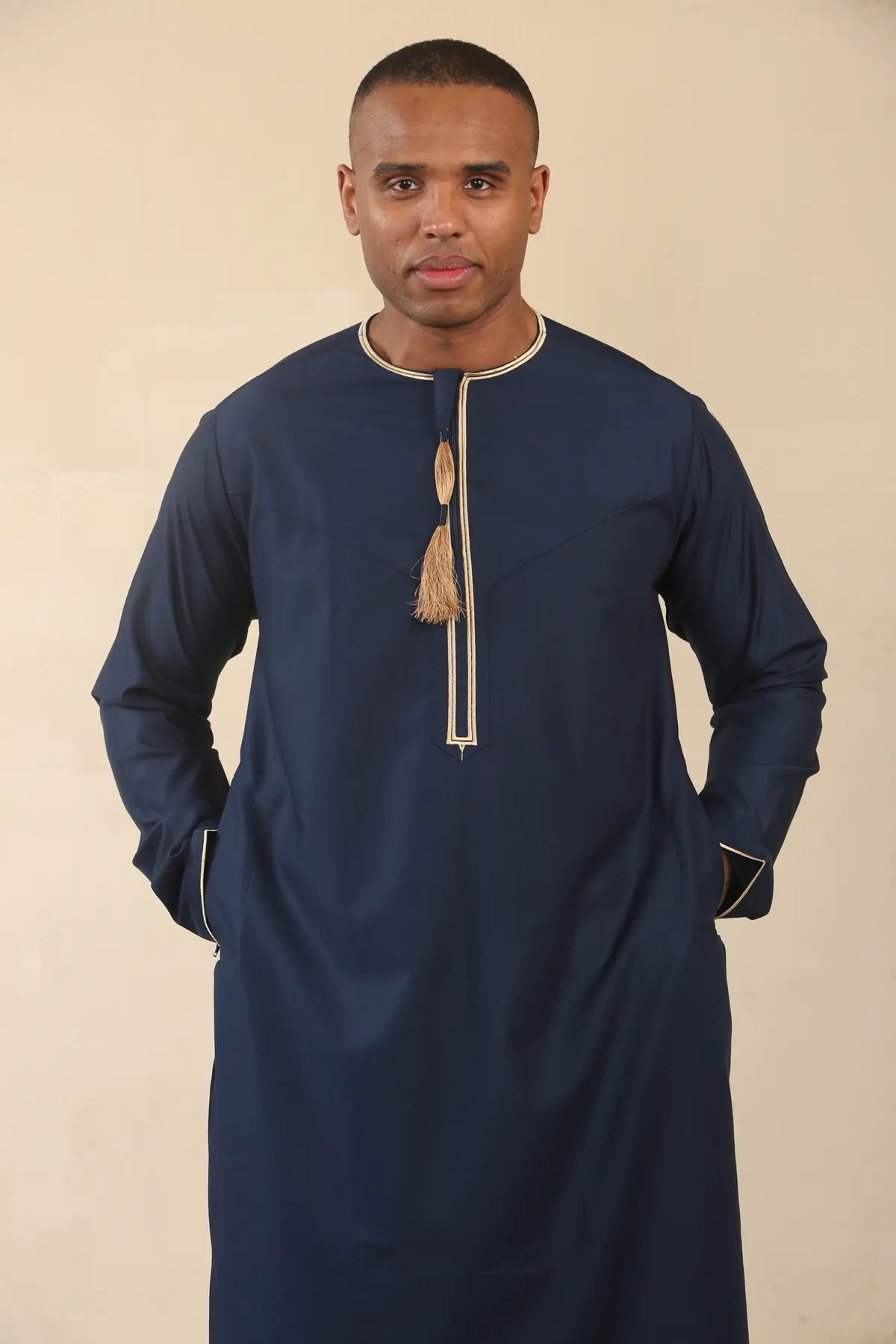 TT-003 - Men's Navy Emirati Thobe Gold Tassel Embroidery - Image 5
