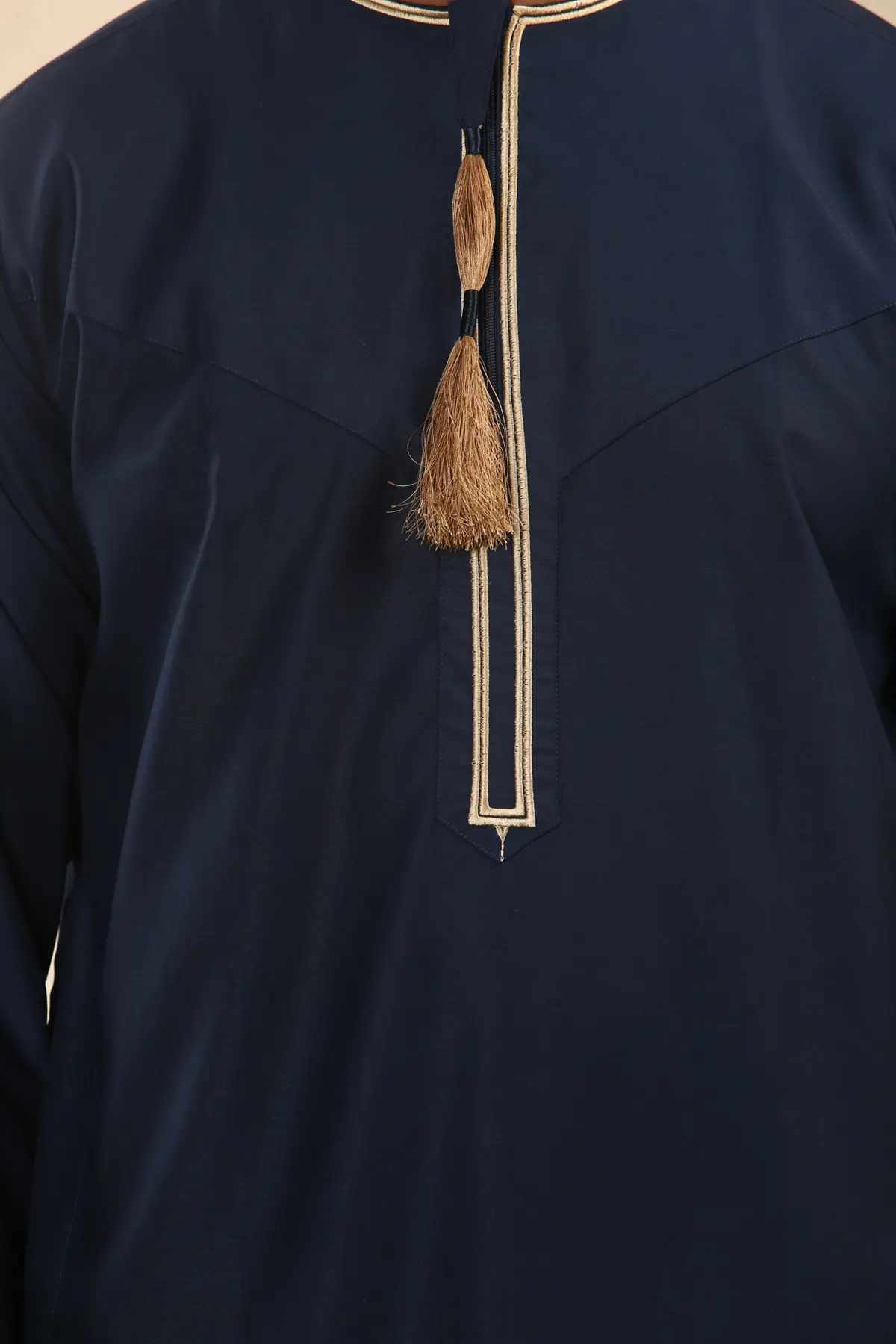 TT-003 - Men's Navy Emirati Thobe Gold Tassel Embroidery - Image 8