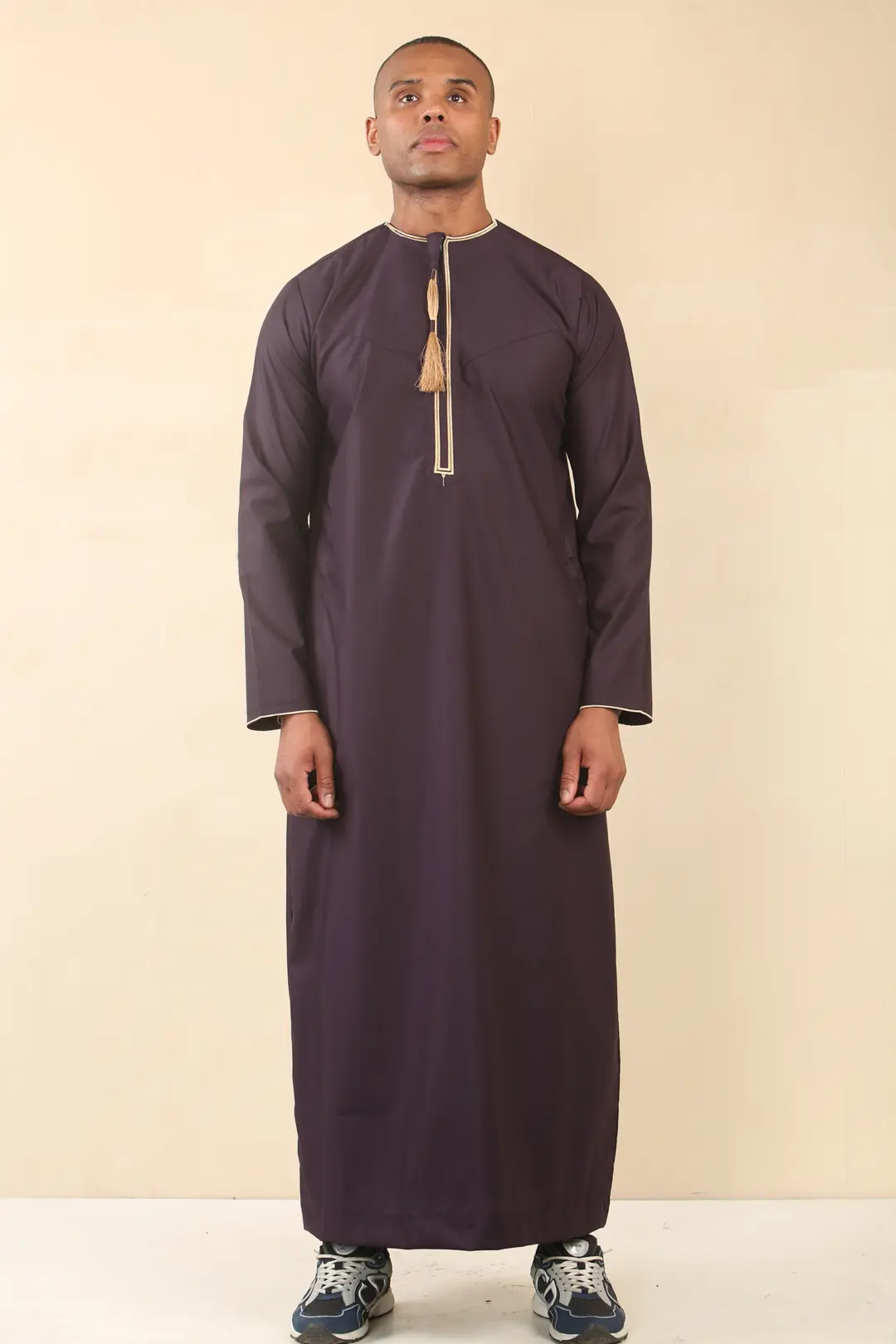 TT 003 Mens Purple Emirati Thobe Gold Tassel Embroidery 1