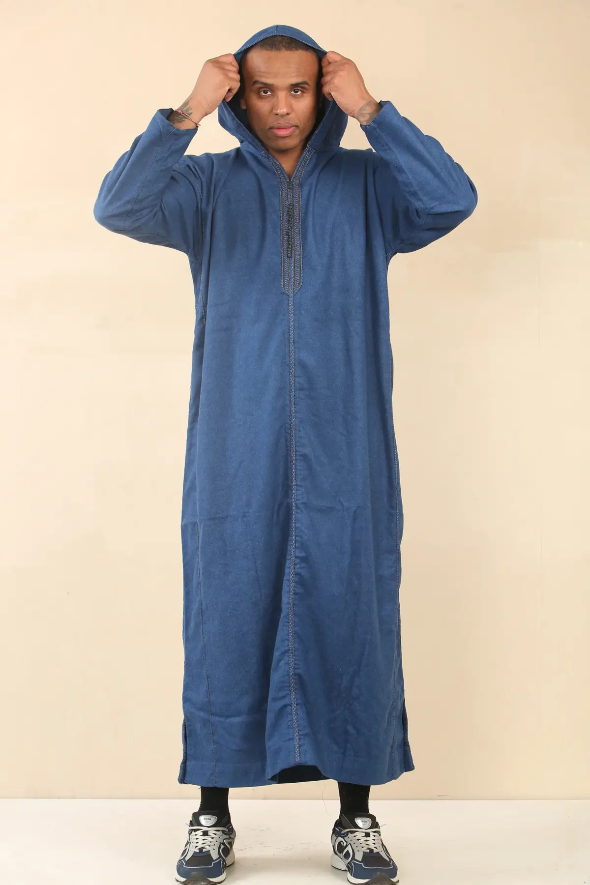 DML001 - Men's Blue Moroccan Thobe Hooded Djellaba - Image 4