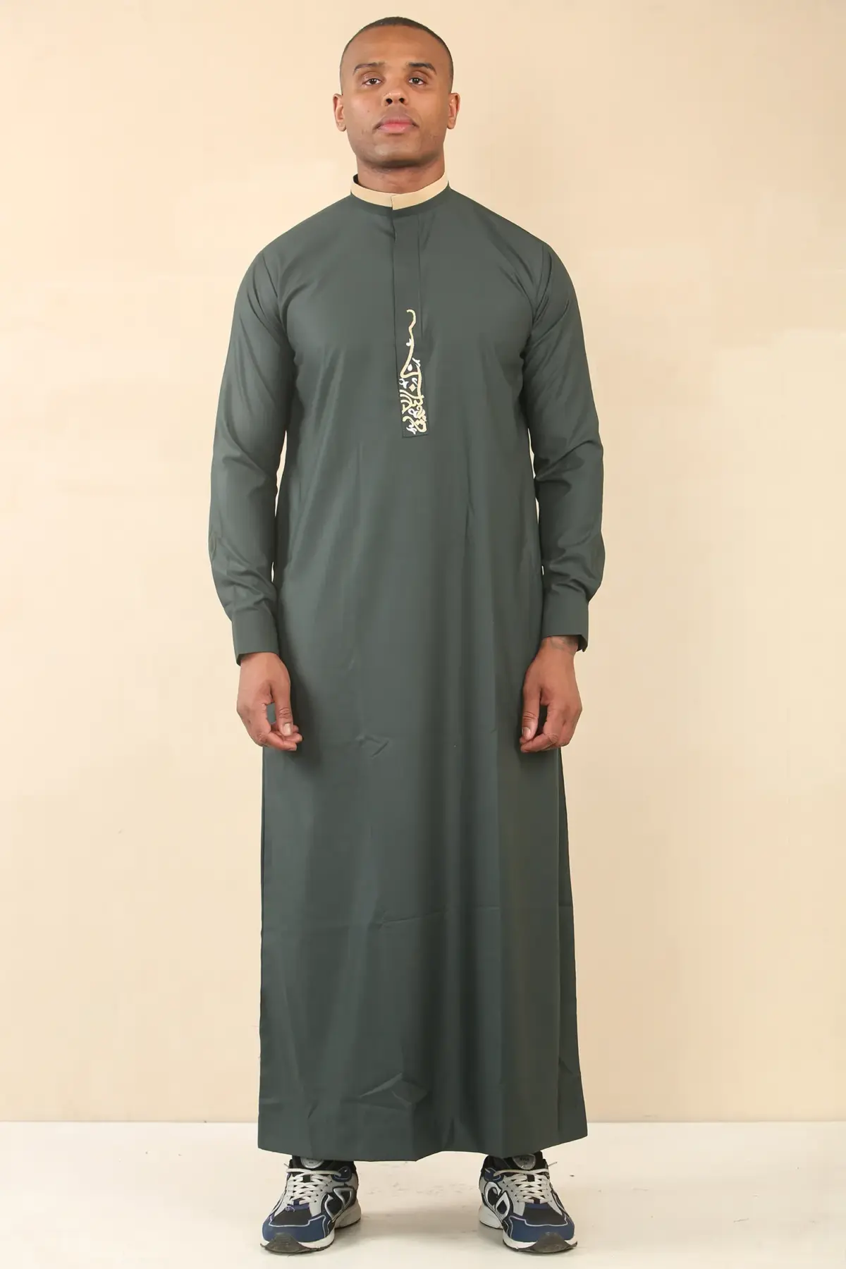 ED-200 - Men's Green Nehru Round Collar Embroidery Thobe - Image 3