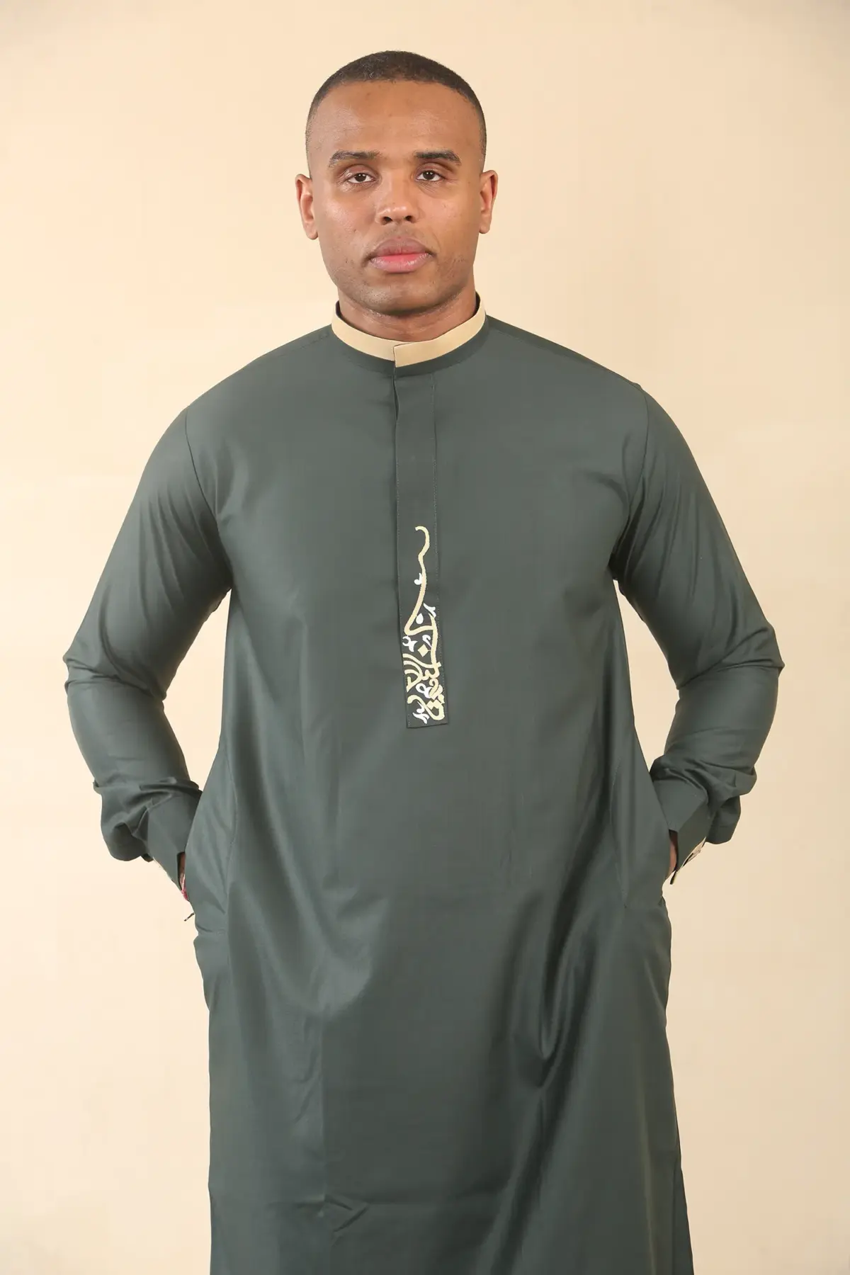 ED-200 - Men's Green Nehru Round Collar Embroidery Thobe - Image 6