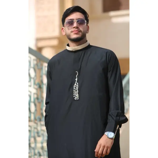 Thobez ED 200 Mens Nehru Round Collar Embroidery Thobe Black 9