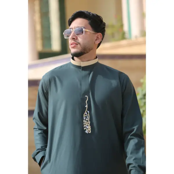 Thobez ED 200 Mens Nehru Round Collar Embroidery Thobe Olive 9