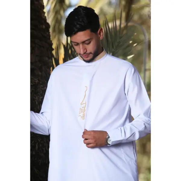 Thobez ED 200 Mens Nehru Round Collar Embroidery Thobe White 8