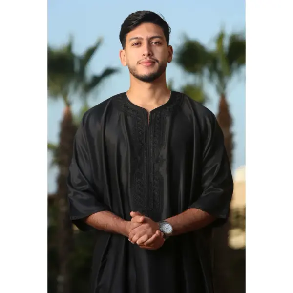 Thobez GG008 Mens Moroccan Thobe Short Sleeve Gandoura Black 6