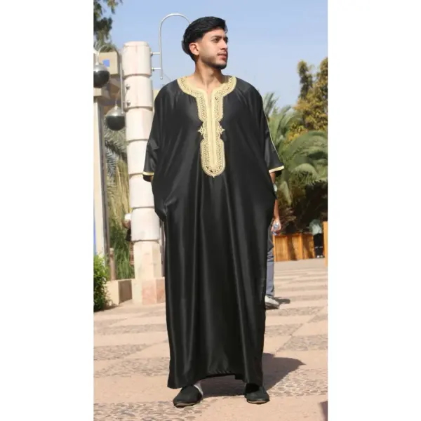 Thobez GG008 Mens Moroccan Thobe Short Sleeve Gandoura Black Gold 8