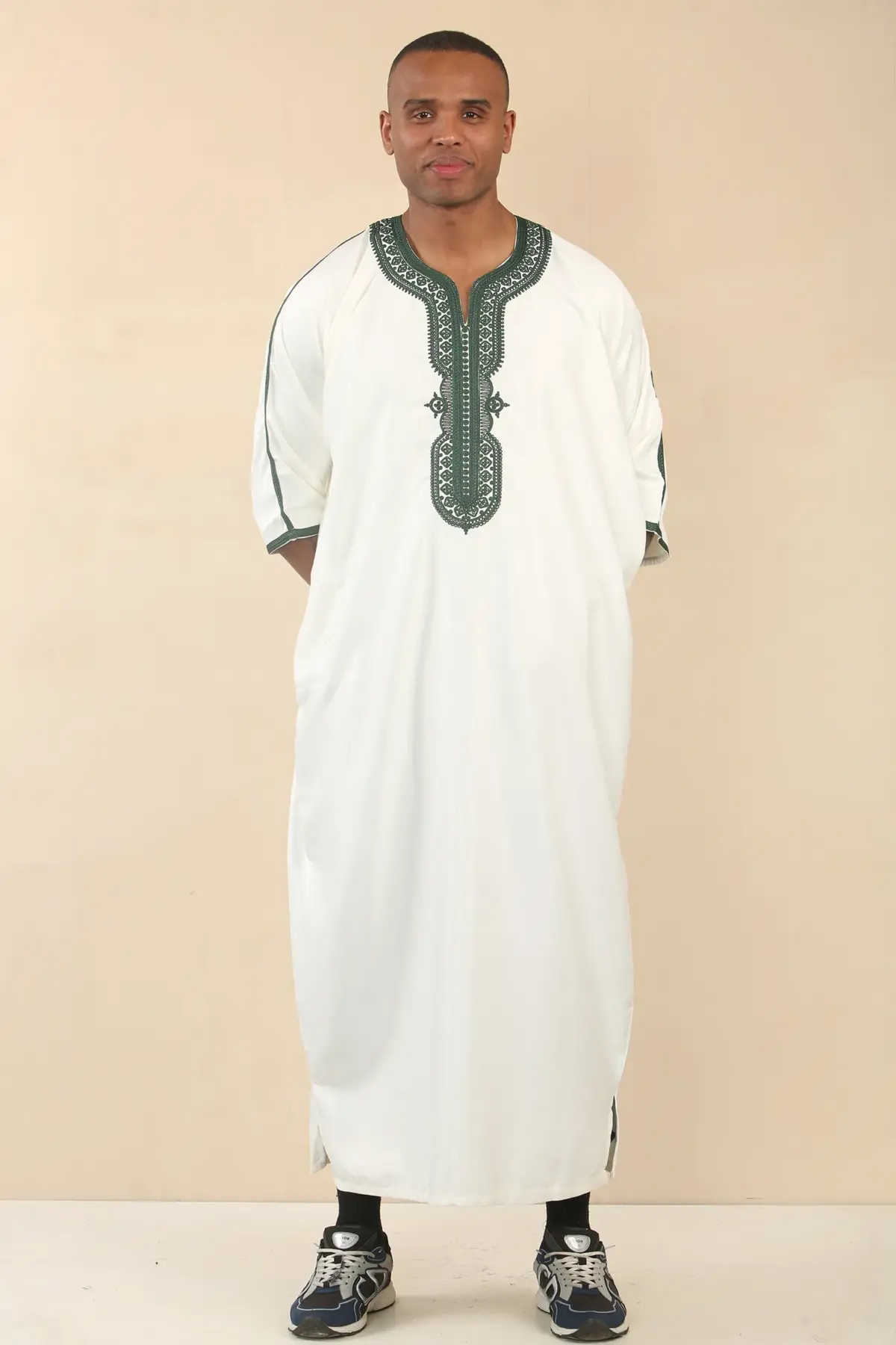 GG008 - Men's White Moroccan Thobe Short Sleeve Gandoura - Image 3