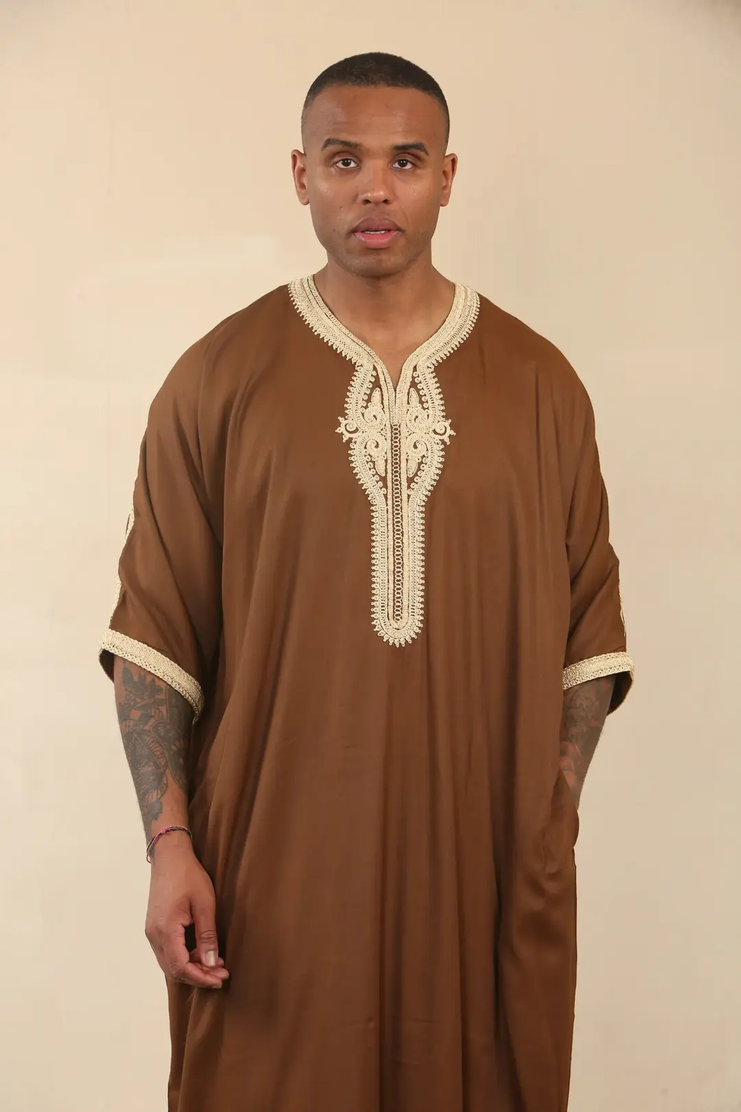 Thobez HM60 Mens Brown Moroccan Thobe Gold Embroidery 2