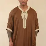 HM60 - Men's Brown Moroccan Thobe Gold Embroidery Gandoura - Image 3