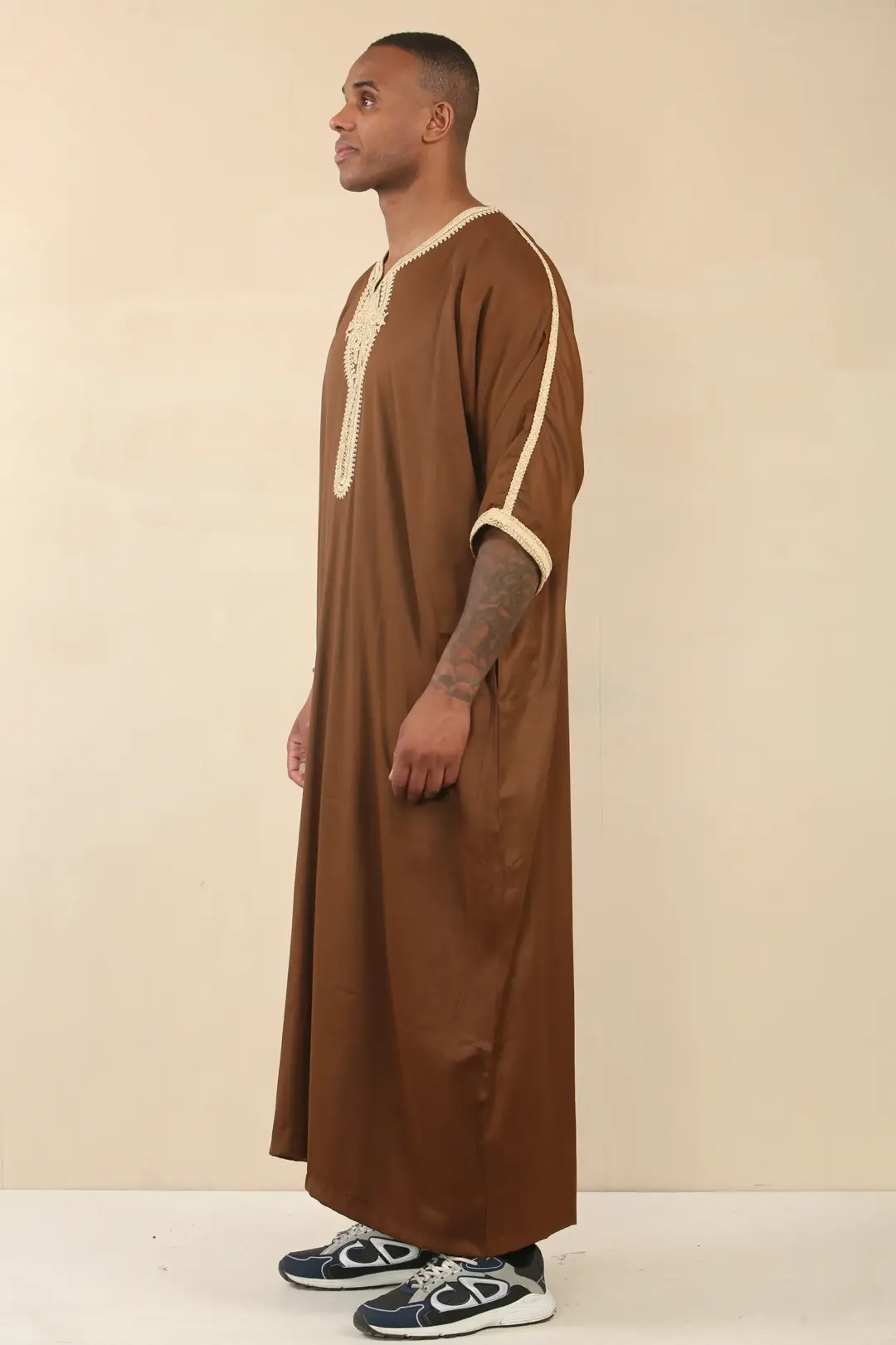 Thobez HM60 Mens Brown Moroccan Thobe Gold Embroidery 4