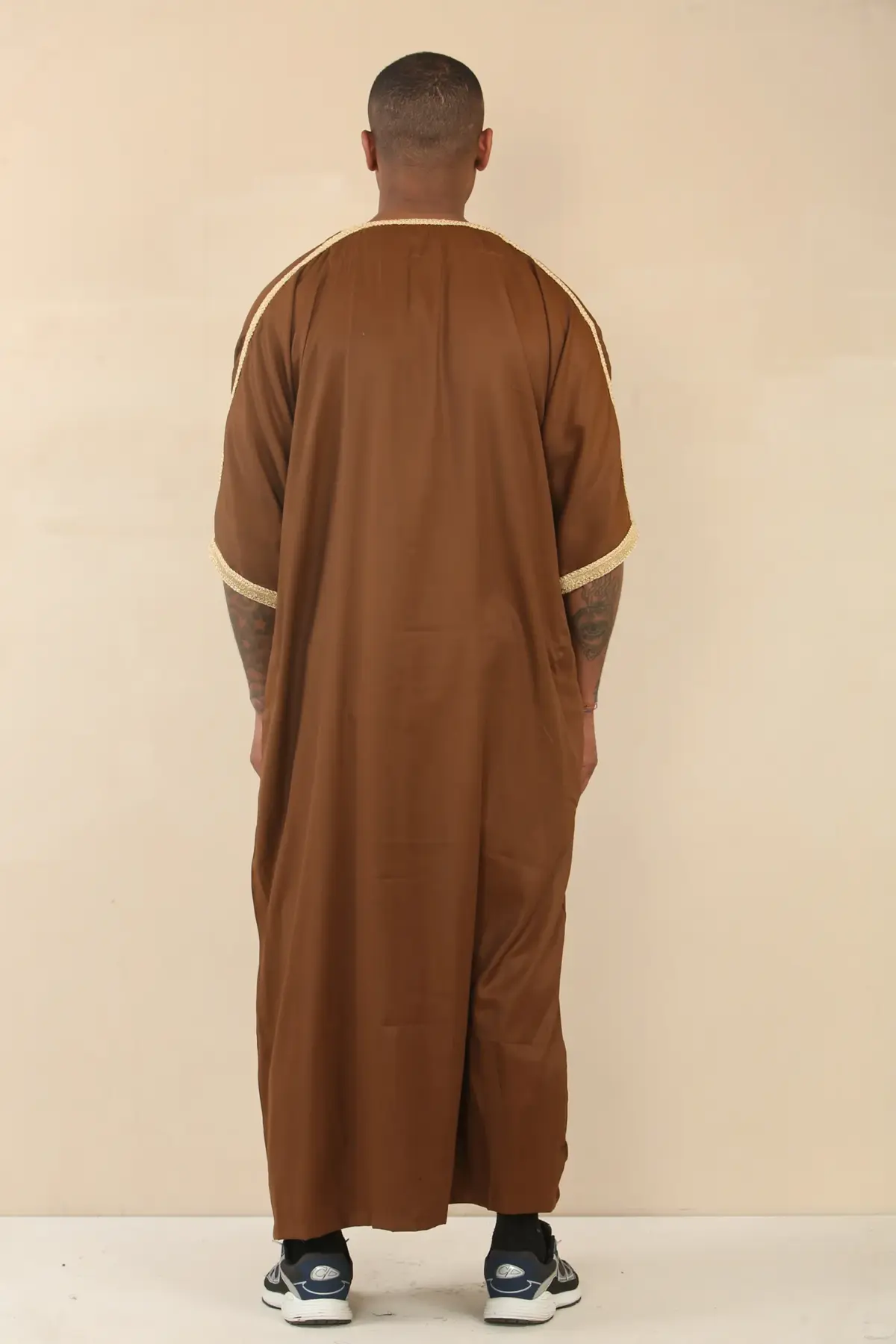 HM60 - Men's Brown Moroccan Thobe Gold Embroidery Gandoura - Image 6