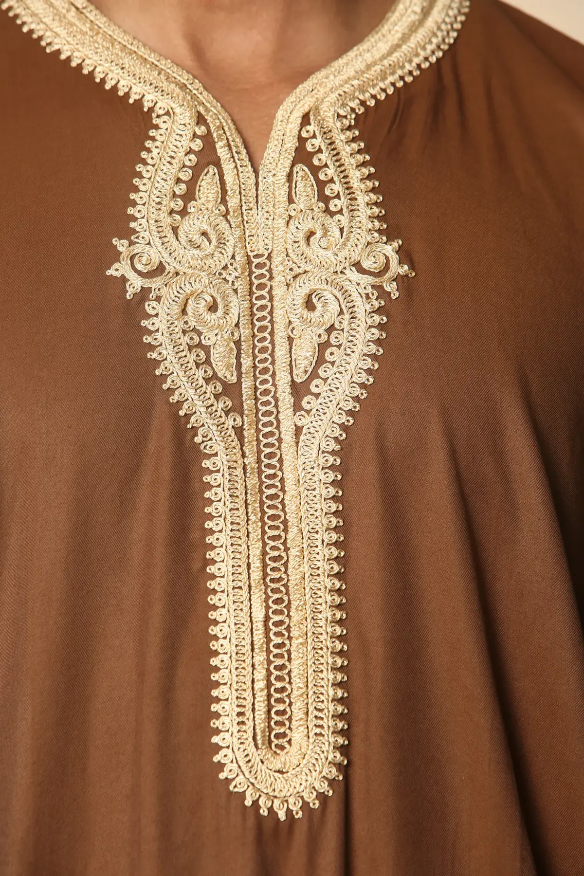 HM60 - Men's Brown Moroccan Thobe Gold Embroidery Gandoura - Image 7