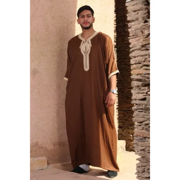 Thobez HM60 Mens Moroccan Thobe Embroidery Gandoura Brown 8