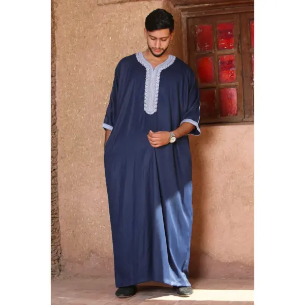 Thobez HM61 Mens Moroccan Thobe Embroidery Gandoura Navy 7