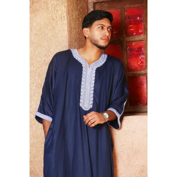 Thobez HM61 Mens Moroccan Thobe Embroidery Gandoura Navy 8