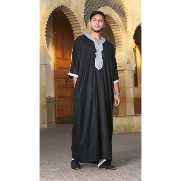 Thobez HM62 Mens Moroccan Thobe Embroidery Gandoura Black 7