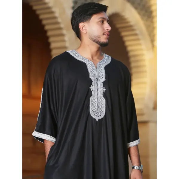 Thobez HM62 Mens Moroccan Thobe Embroidery Gandoura Black 8