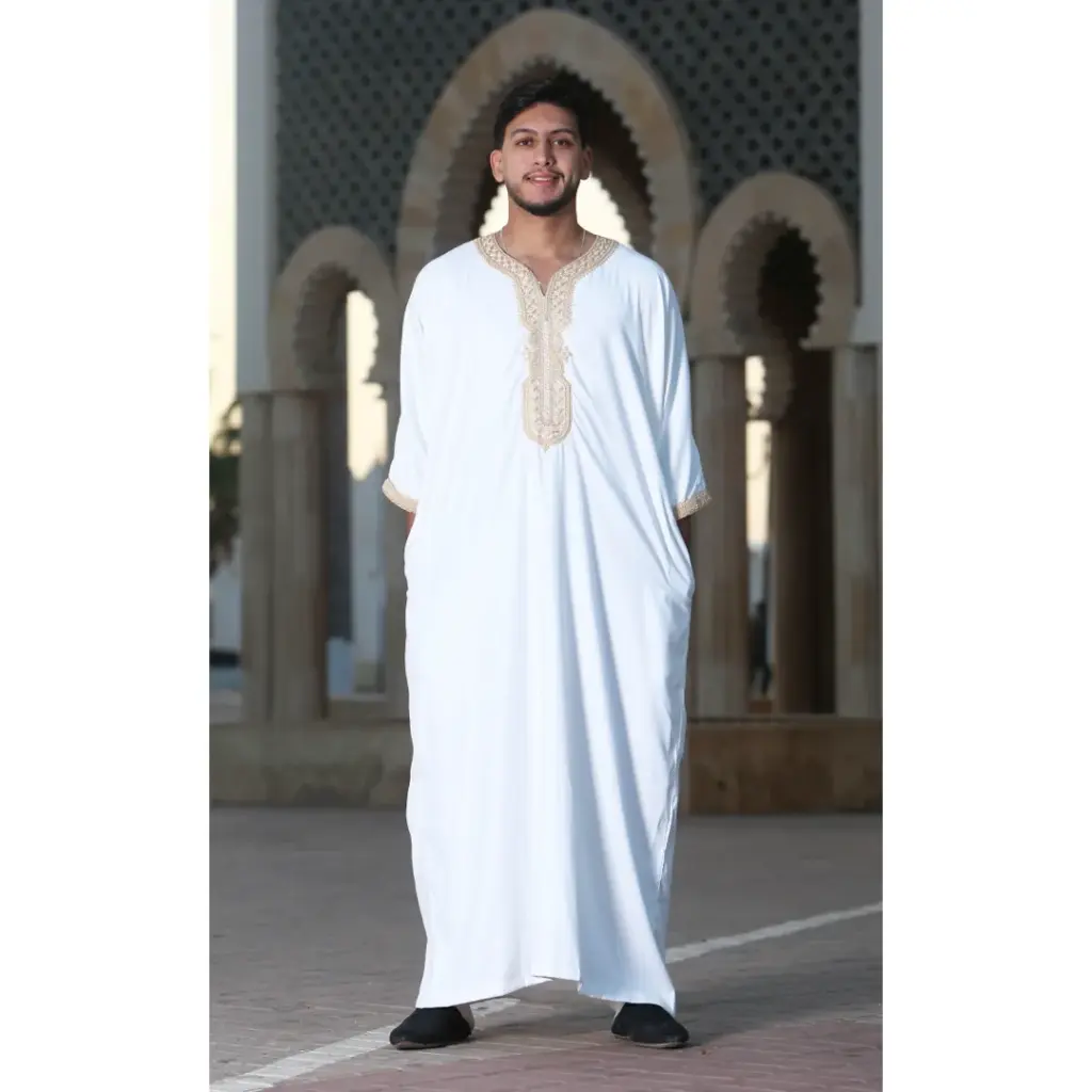 Thobez HM62 Mens Moroccan Thobe Embroidery Gandoura White 6