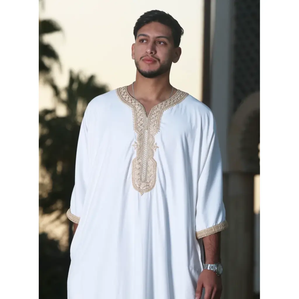 Thobez HM62 Mens Moroccan Thobe Embroidery Gandoura White 7
