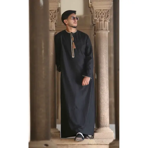 Thobez TT 003 Mens Emirati Thobe Gold Tassel Embroidery Black 11