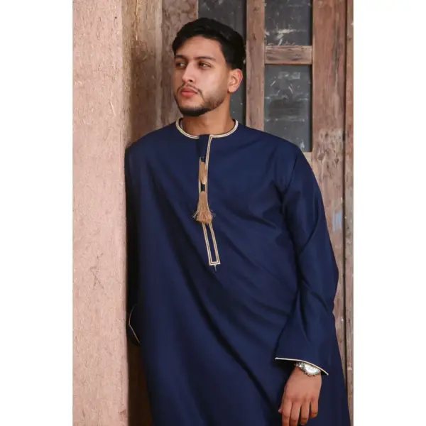 Thobez TT 003 Mens Emirati Thobe Gold Tassel Embroidery Navy 10