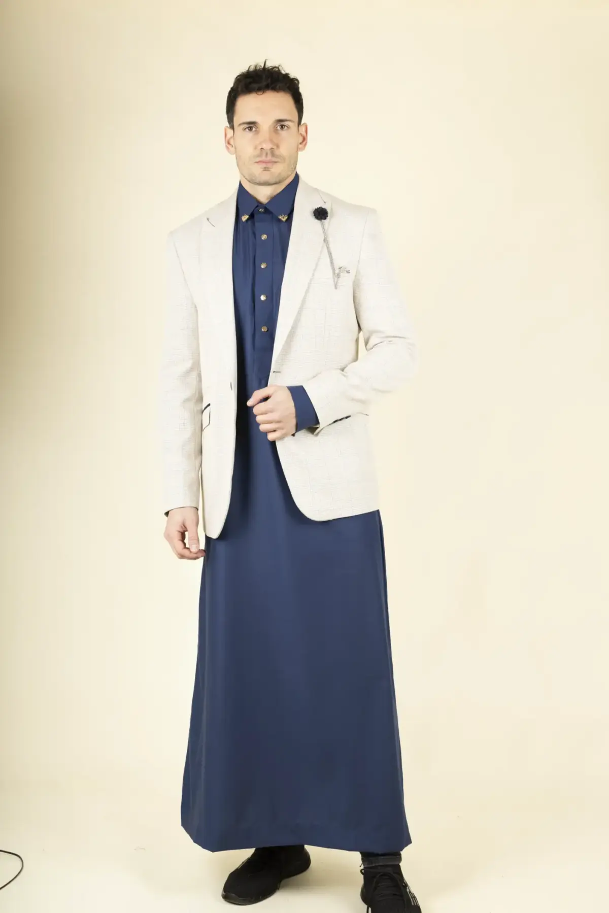 Cavani Caridi - Men's Tweed Check Beige Wedding Blazer - Image 3