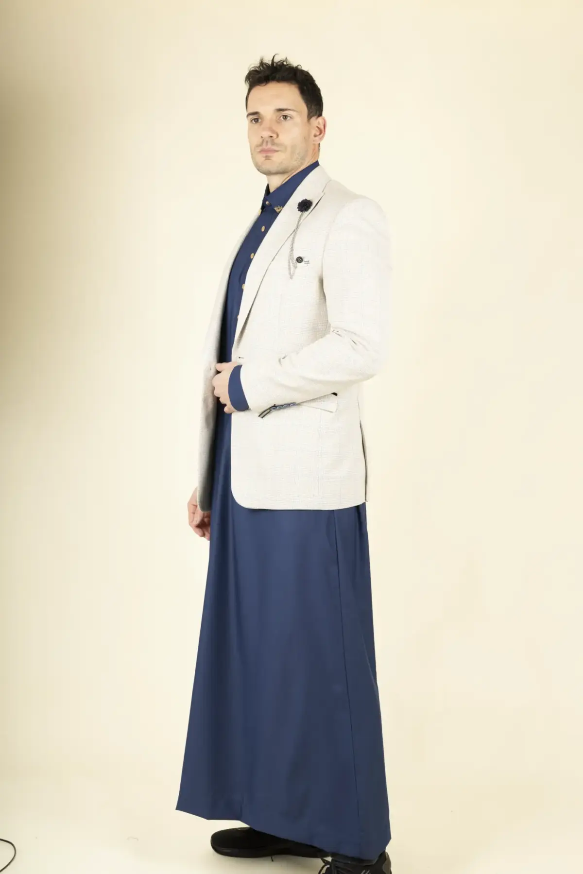 Cavani Caridi - Men's Tweed Check Beige Wedding Blazer - Image 4