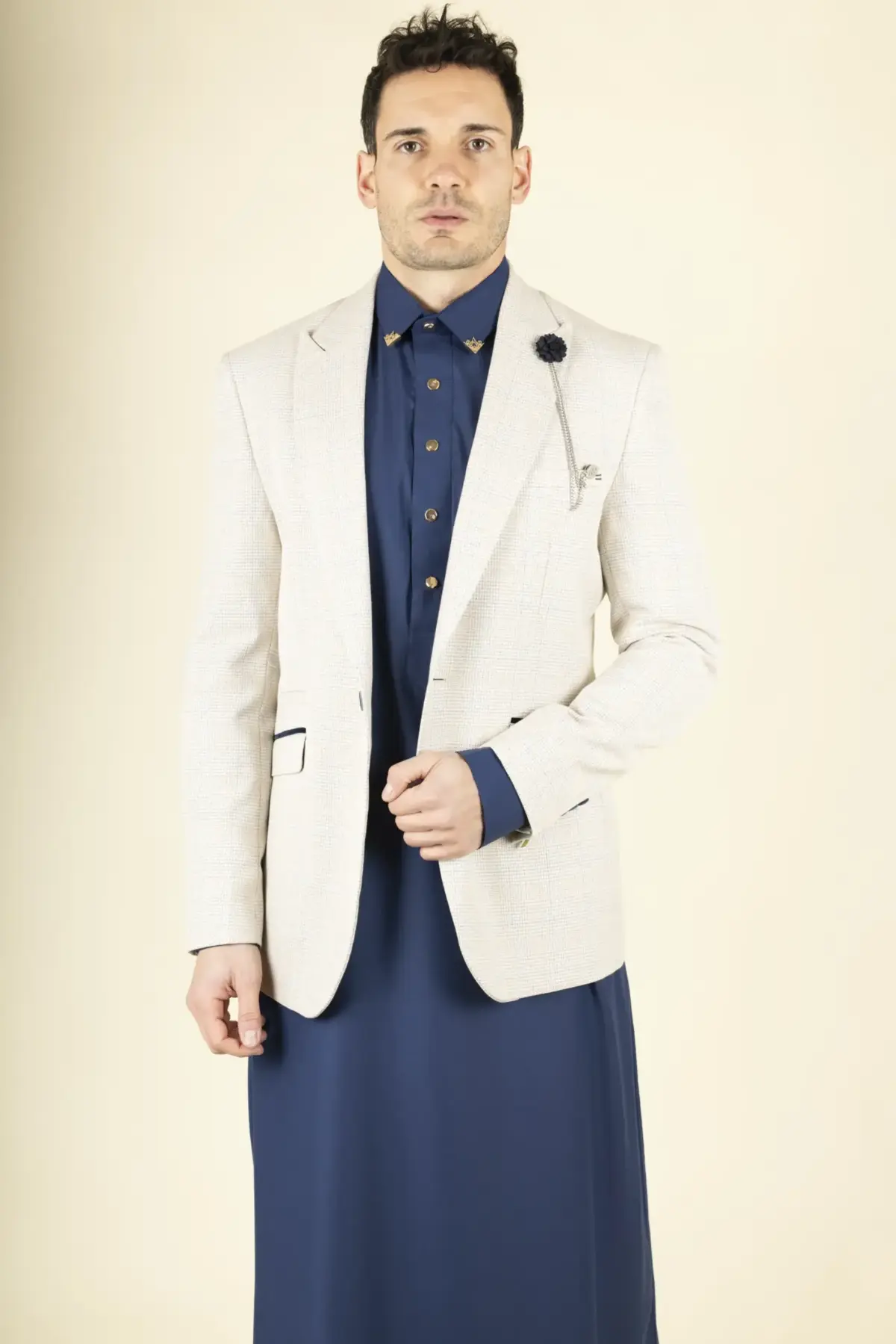 Cavani Caridi - Men's Tweed Check Beige Wedding Blazer - Image 1