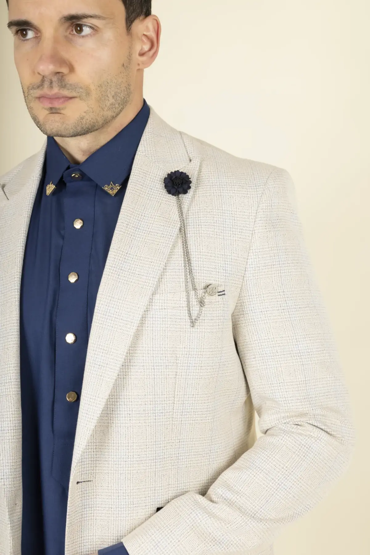 Cavani Caridi - Men's Tweed Check Beige Wedding Blazer - Image 5