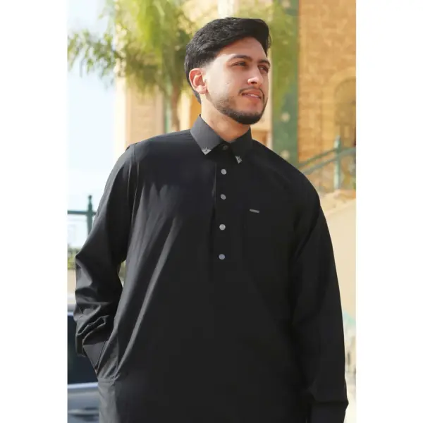 Thobez TT 004 Mens Black Emirati Thobe Shirt Collar 3