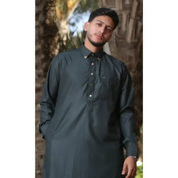 Thobez TT 004 Mens Olive Emirati Thobe Shirt Collar 3