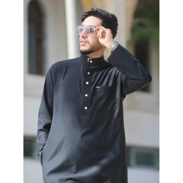 Thobez TT 005 Mens Black Emirati Thobe Nehru High Collar 3