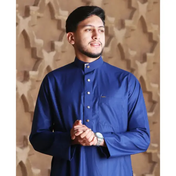 Thobez TT 005 Mens Navy Emirati Thobe Nehru High Collar 3