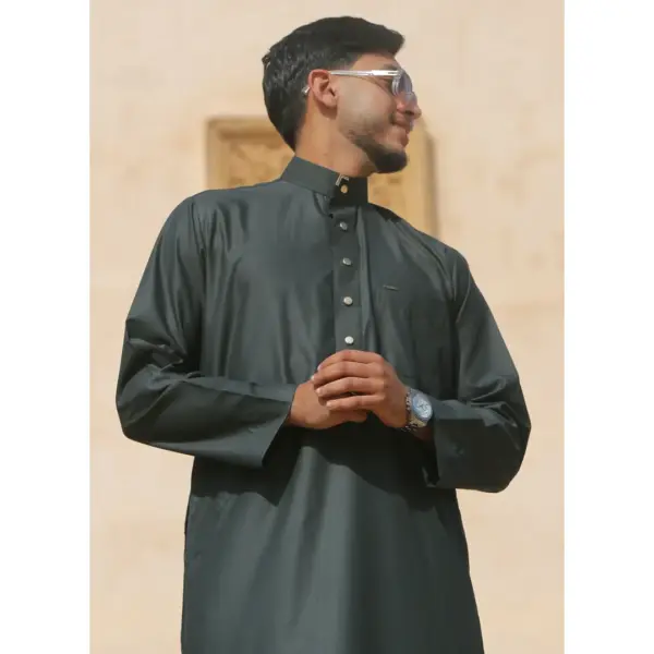 Thobez TT 005 Mens Olive Emirati Thobe Nehru High Collar 3